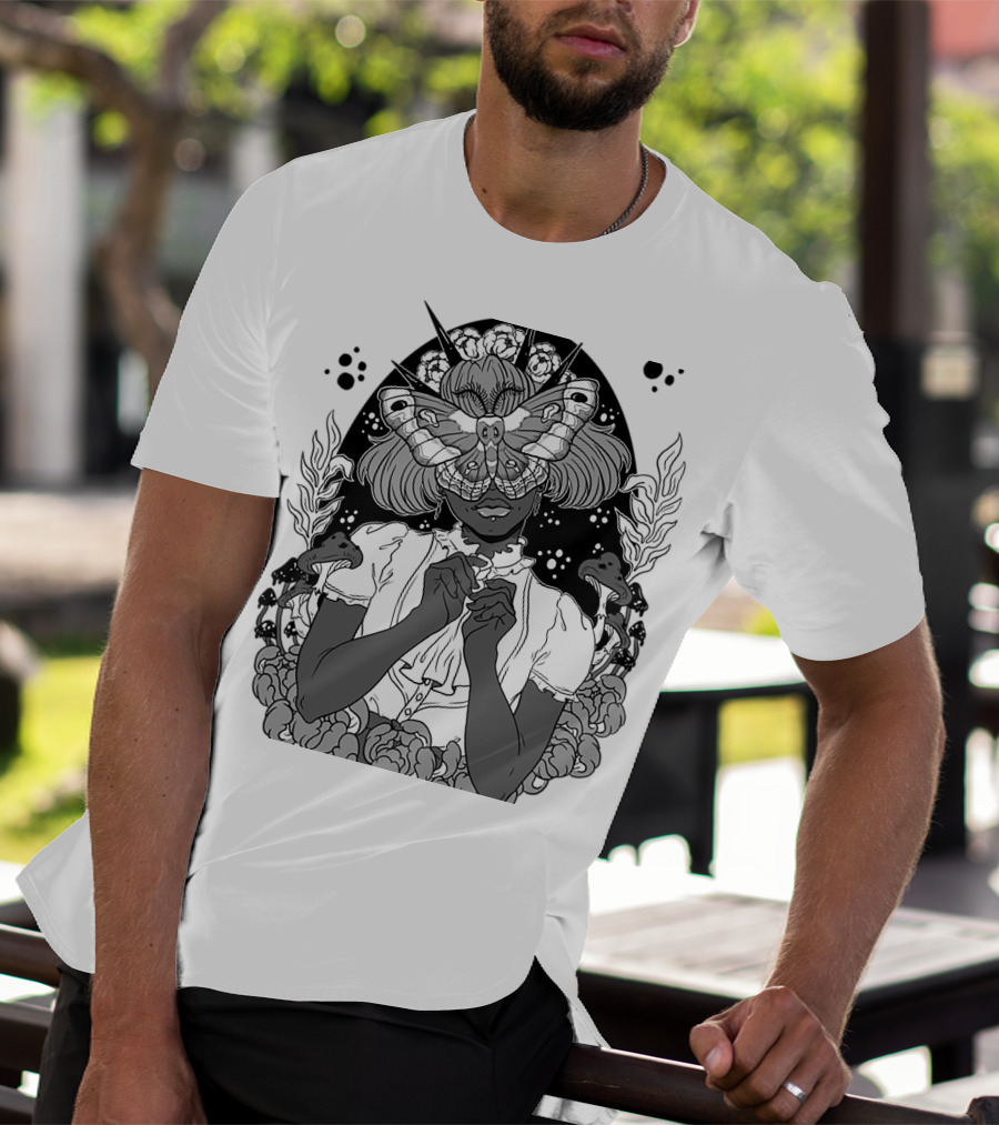 Moth The Seer Mystical Vision With Mushrooms And Floral Elements T-Shirt