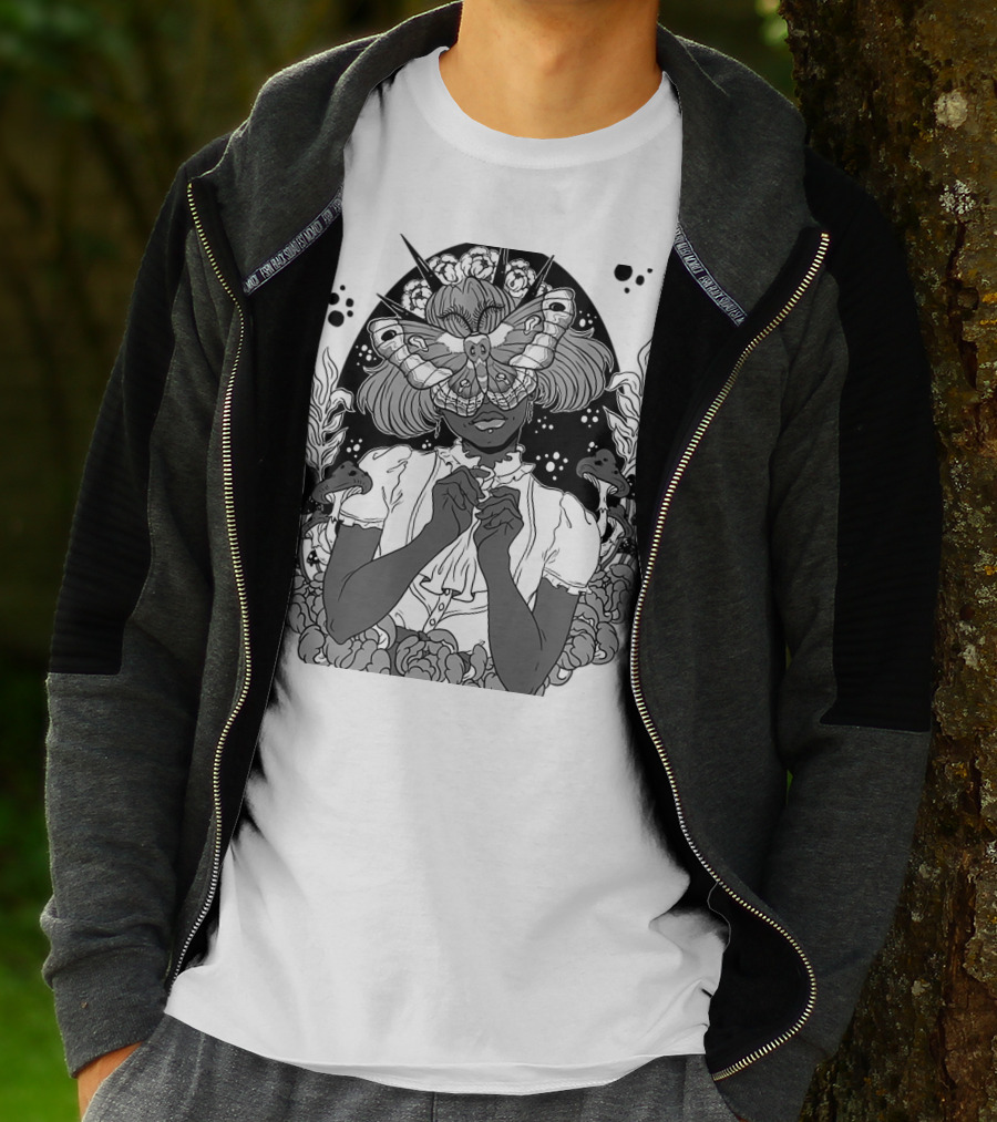 Moth The Seer Mystical Vision With Mushrooms And Floral Elements T-Shirt