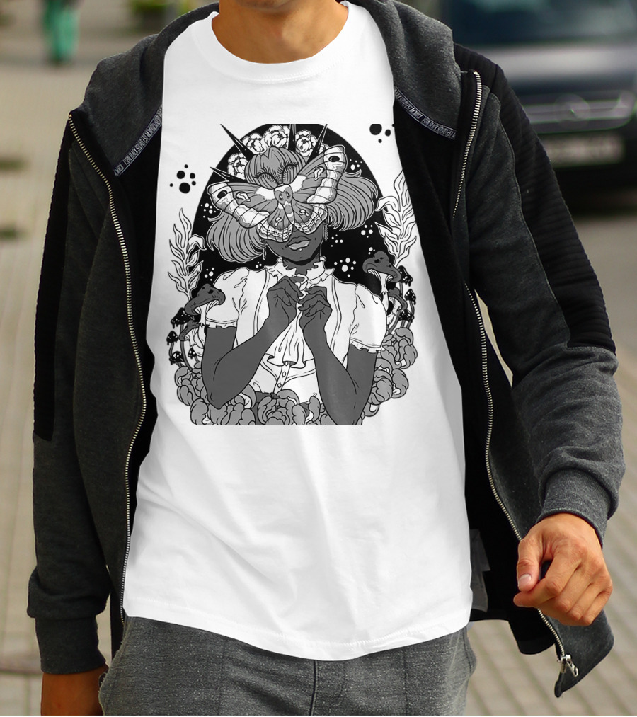 Moth The Seer Mystical Vision With Mushrooms And Floral Elements T-Shirt