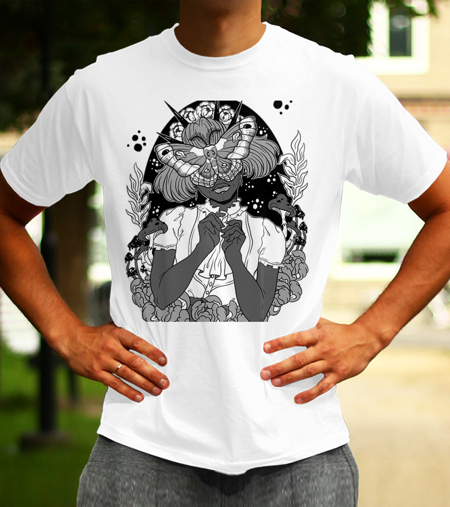 Moth The Seer Mystical Vision With Mushrooms And Floral Elements T-Shirt