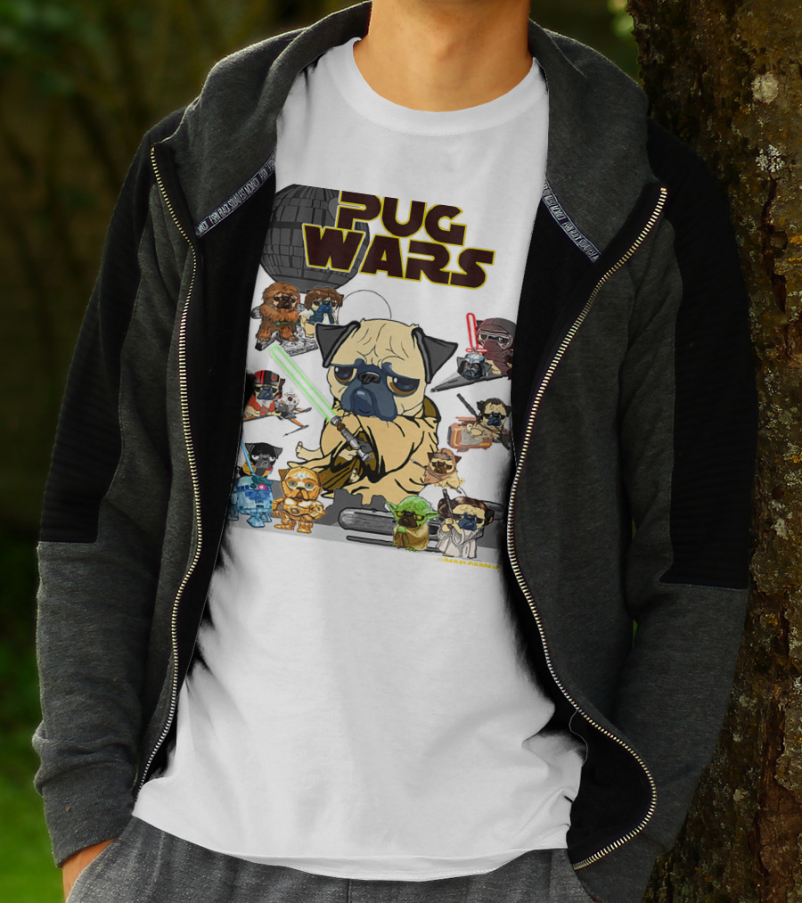 Pug Wars Star Parody With Iconic Characters And Spaceships T-Shirt