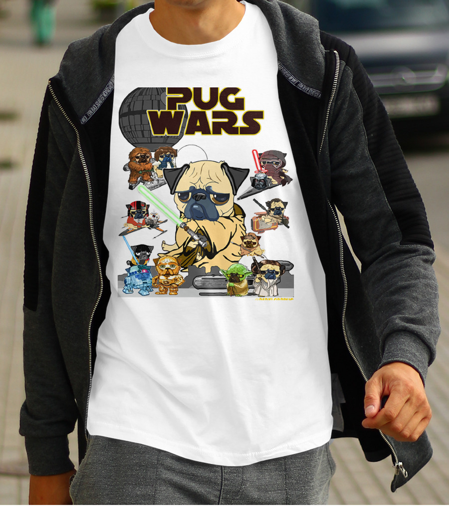 Pug Wars Star Parody With Iconic Characters And Spaceships T-Shirt