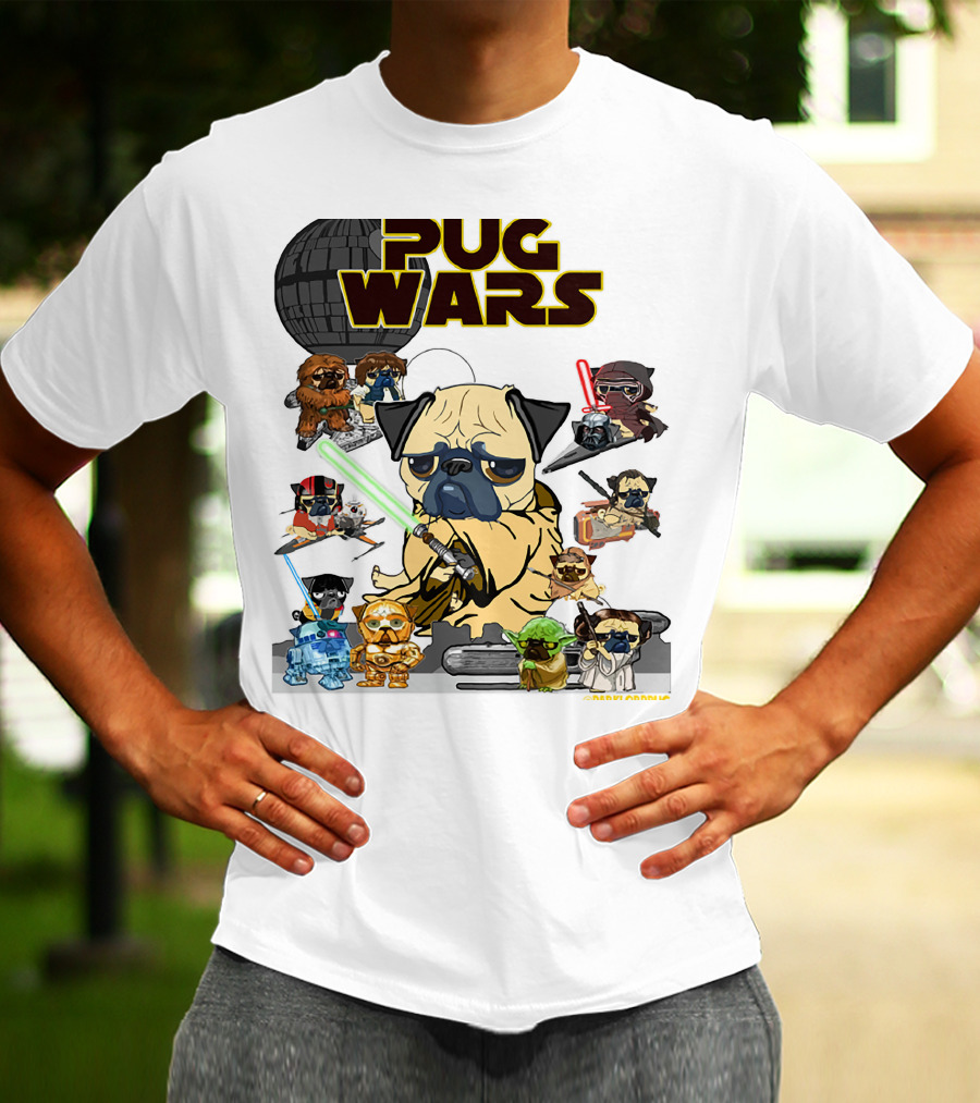 Pug Wars Star Parody With Iconic Characters And Spaceships T-Shirt