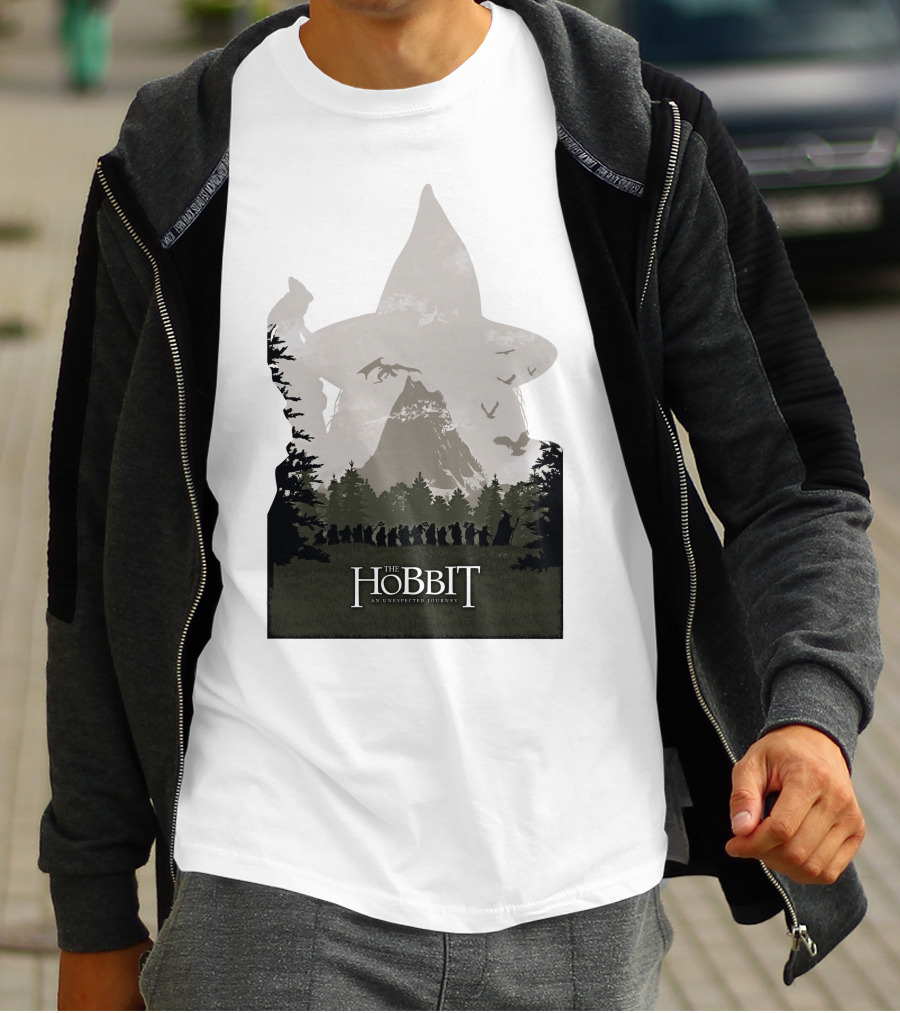 The Hobbit An Unexpected Journey Silhouette Scene With Gandalf Hat And Forest Background T-Shirt