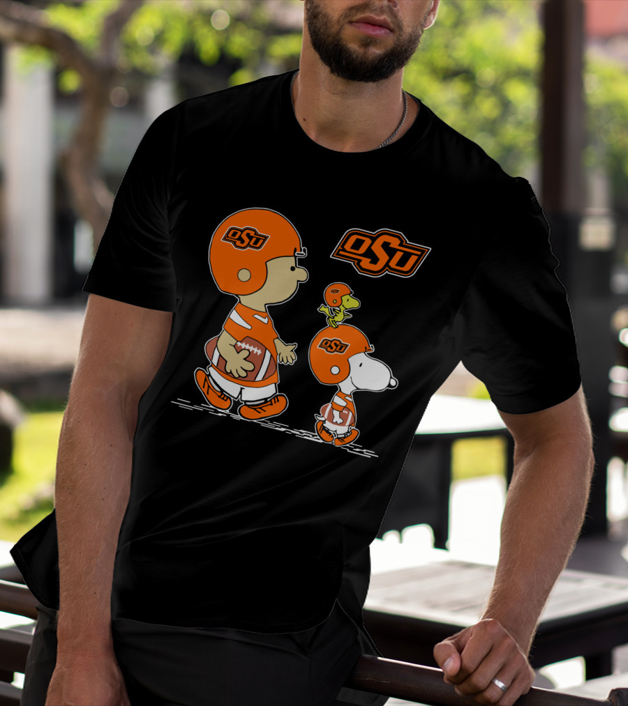 Osu Oklahoma State Cowboys Peanuts Football Collaboration With Snoopy And Woodstock T-Shirt