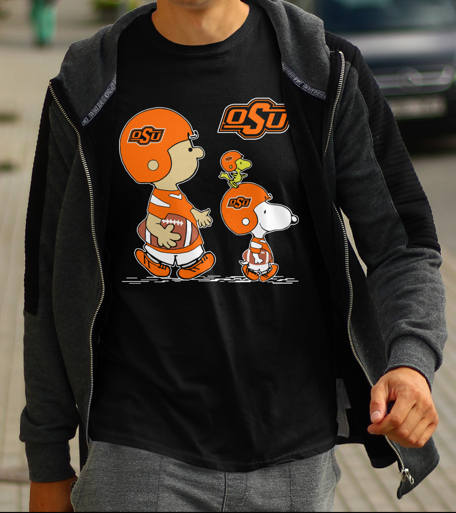 Osu Oklahoma State Cowboys Peanuts Football Collaboration With Snoopy And Woodstock T-Shirt