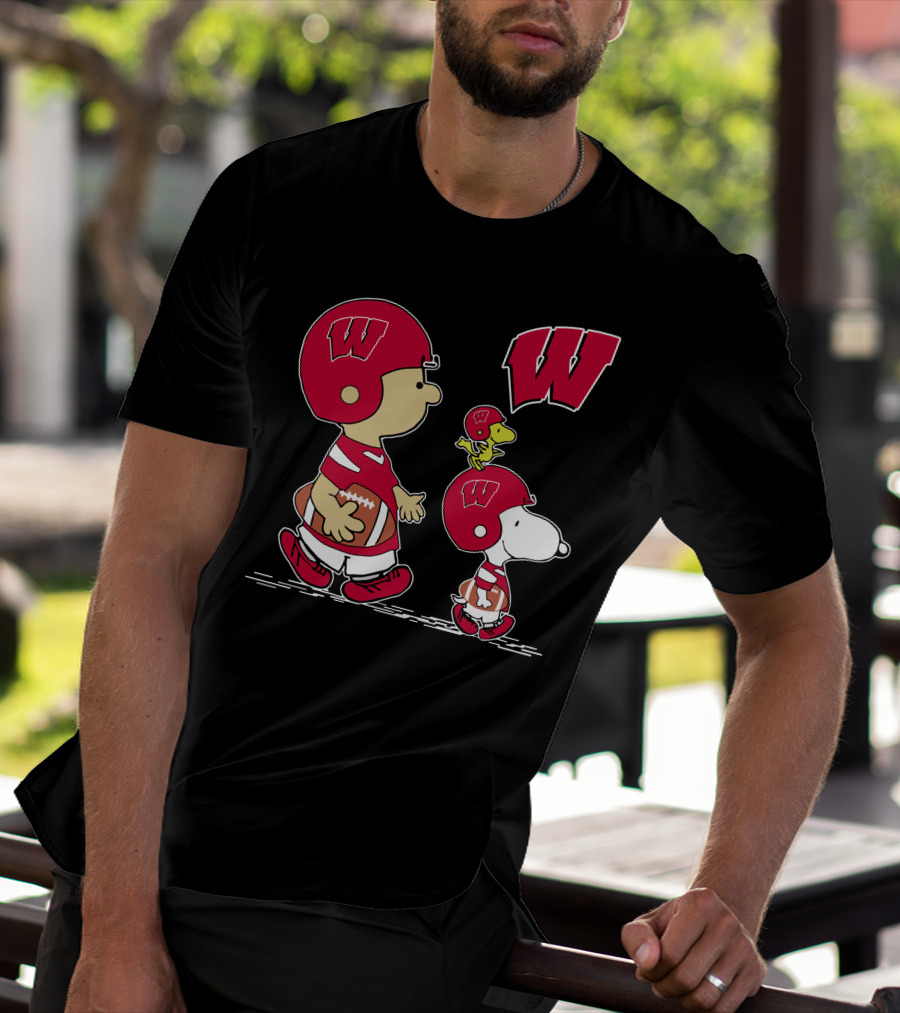 Wisconsin Badgers Peanuts Football Characters Walking With W T-Shirt
