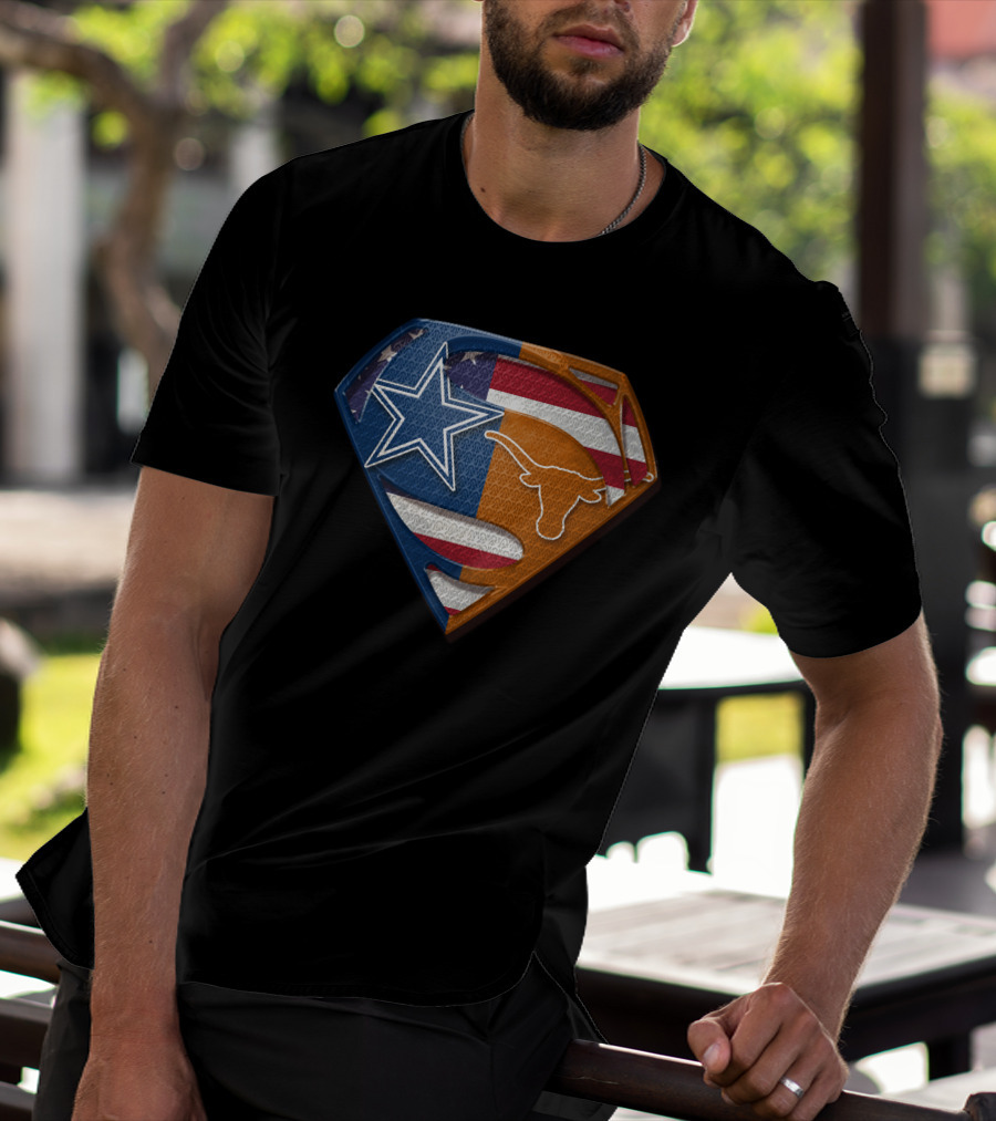 Dallas Cowboys Texas Longhorns Superman Shield American Flag Blend T-Shirt