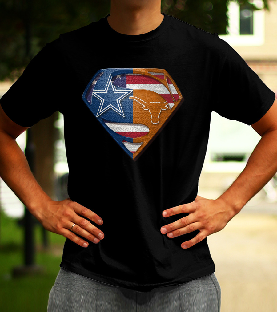 Dallas Cowboys Texas Longhorns Superman Shield American Flag Blend T-Shirt