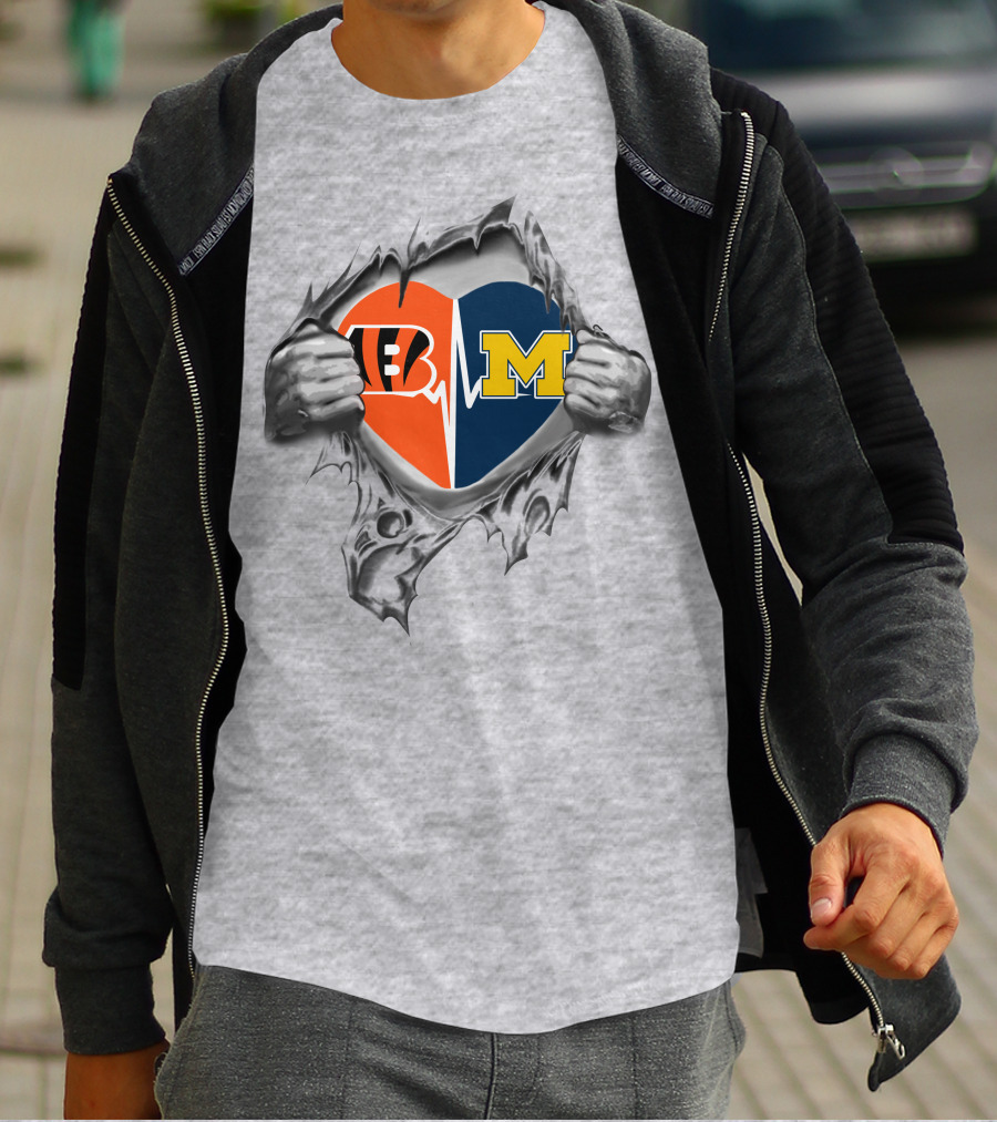 Michigan Wolverines Cincinnati Bengals Heartbeat Fan T-Shirt