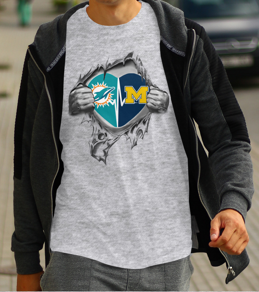 Miami Dolphins Michigan Wolverines Heart Torn T-Shirt