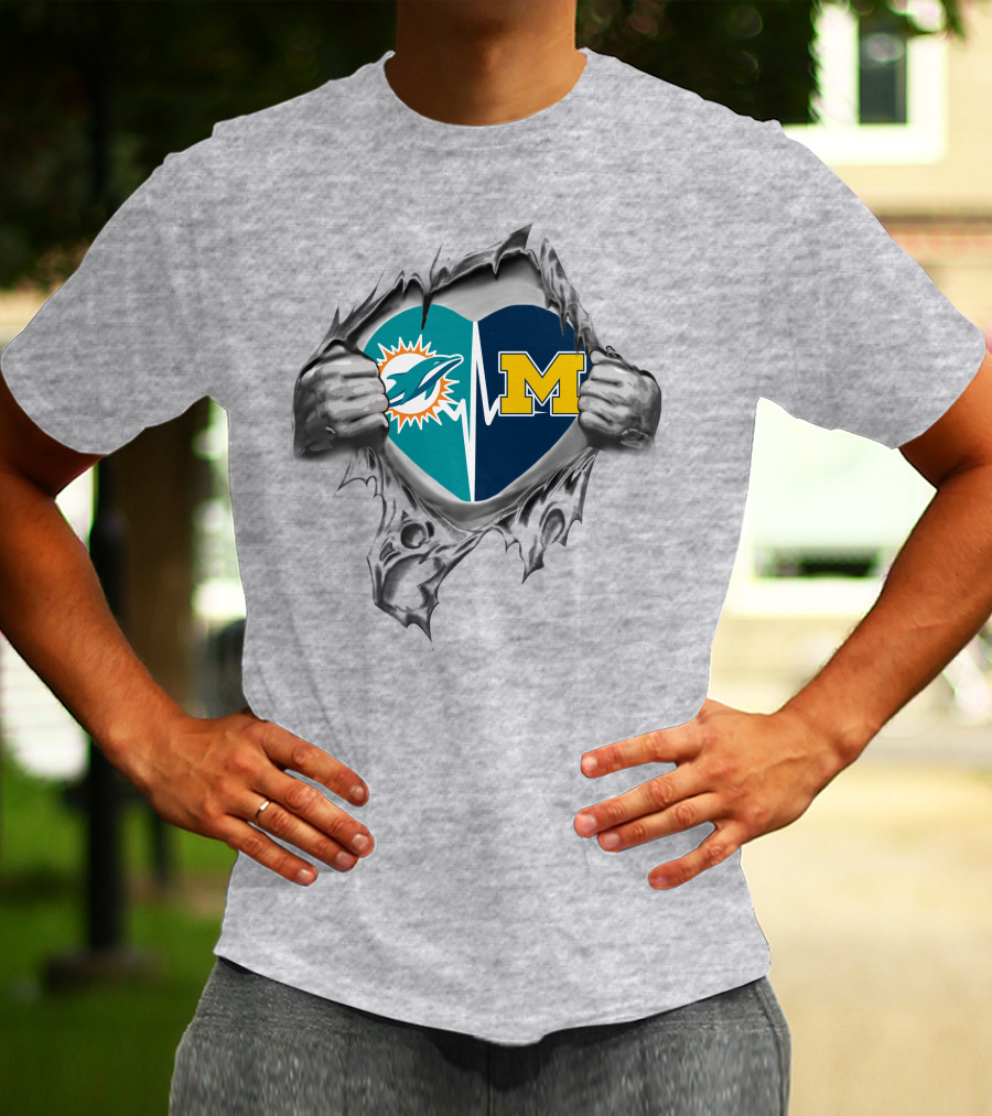 Miami Dolphins Michigan Wolverines Heart Torn T-Shirt