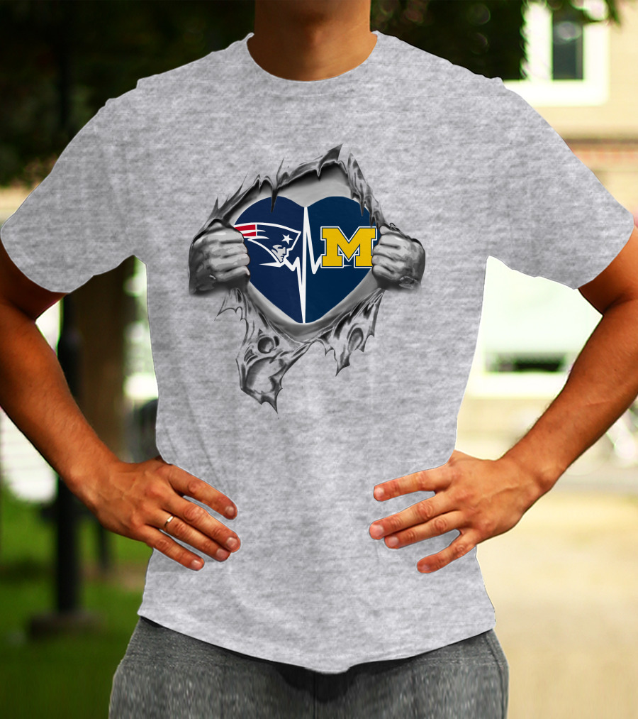 Michigan Wolverines New England Patriots Heartbeat Logo Fusion T-Shirt