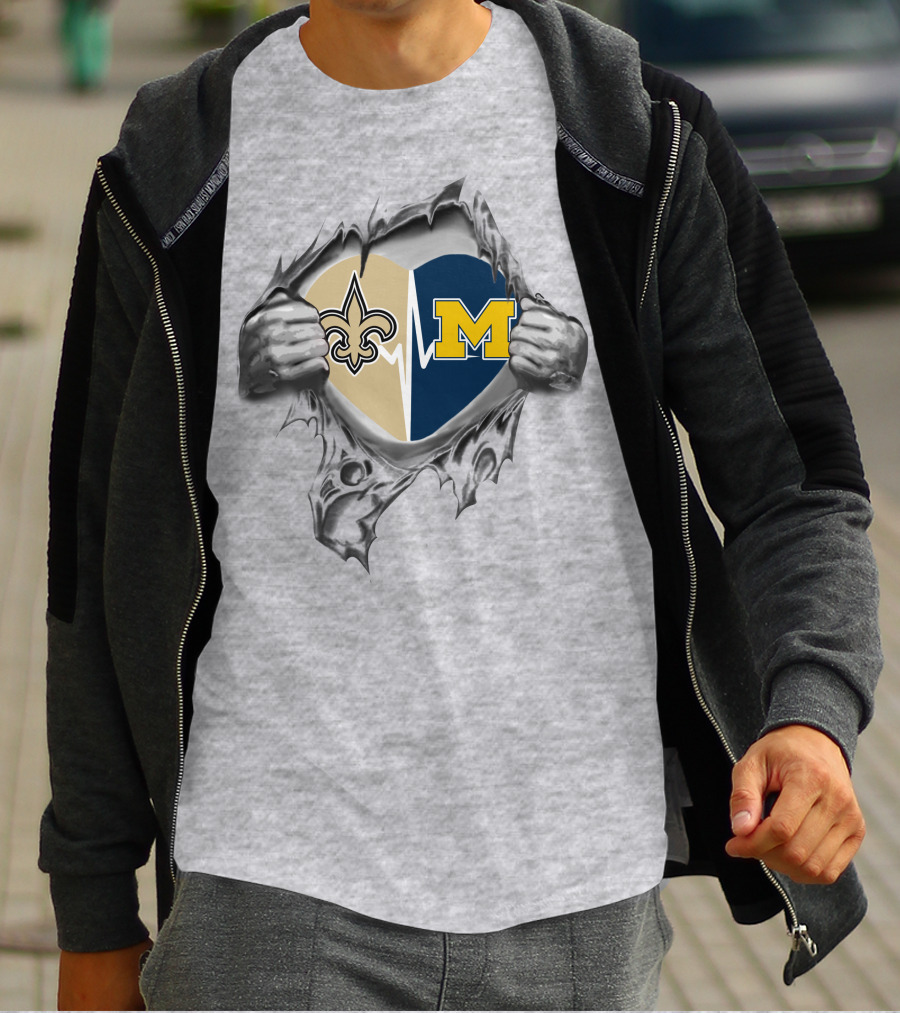 Michigan Wolverines New Orleans Saints Heart Shaped Ripped T-Shirt