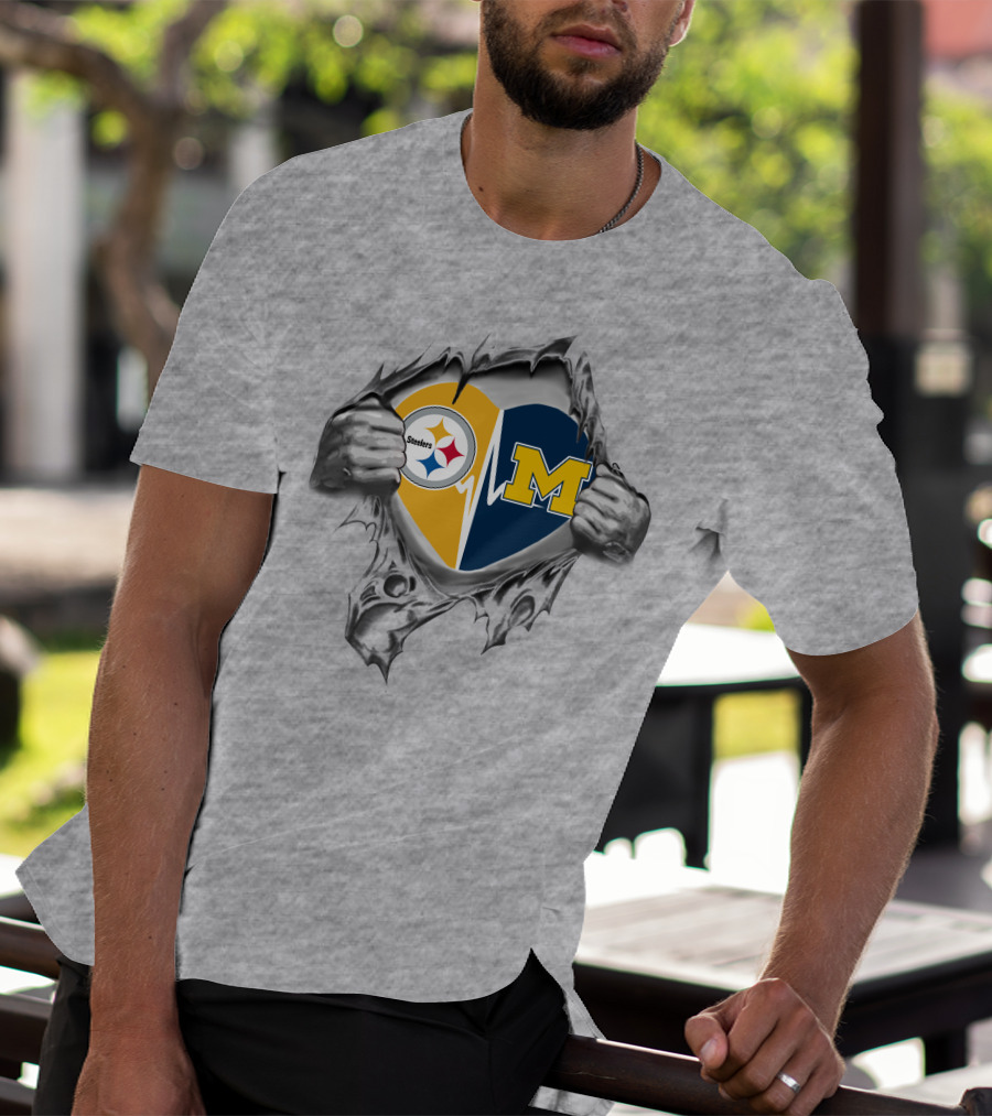 Michigan Wolverines Heartbeat Pittsburgh Steelers Logo Fusion T-Shirt