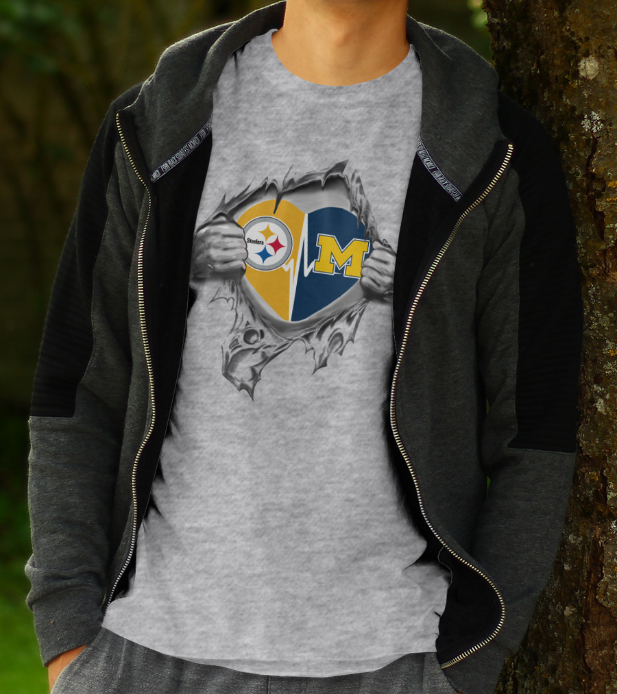 Michigan Wolverines Heartbeat Pittsburgh Steelers Logo Fusion T-Shirt