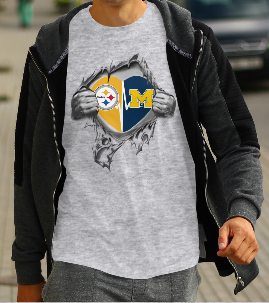 Michigan Wolverines Heartbeat Pittsburgh Steelers Logo Fusion T-Shirt