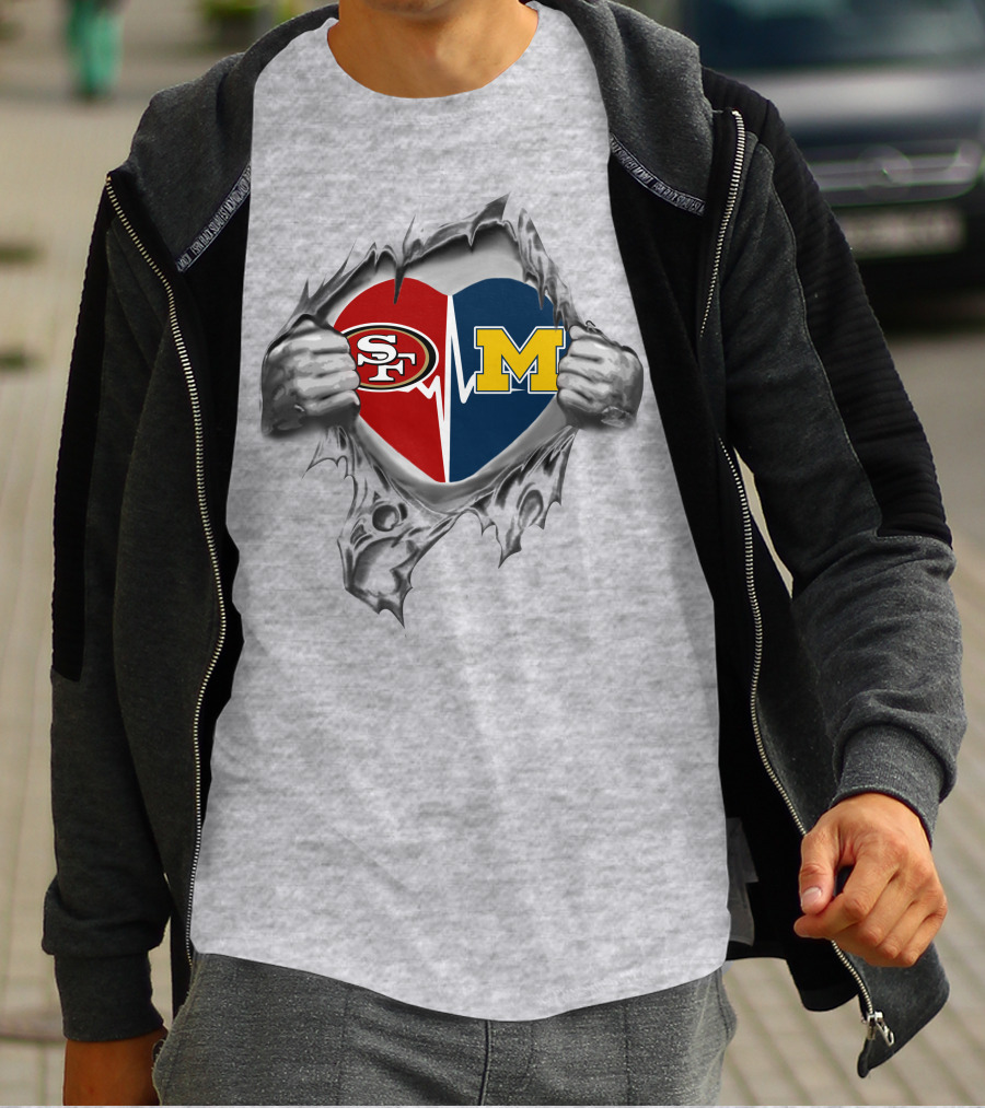 Michigan Wolverines Heartbeat San Francisco 49ers Fan Passion Fusion T-Shirt