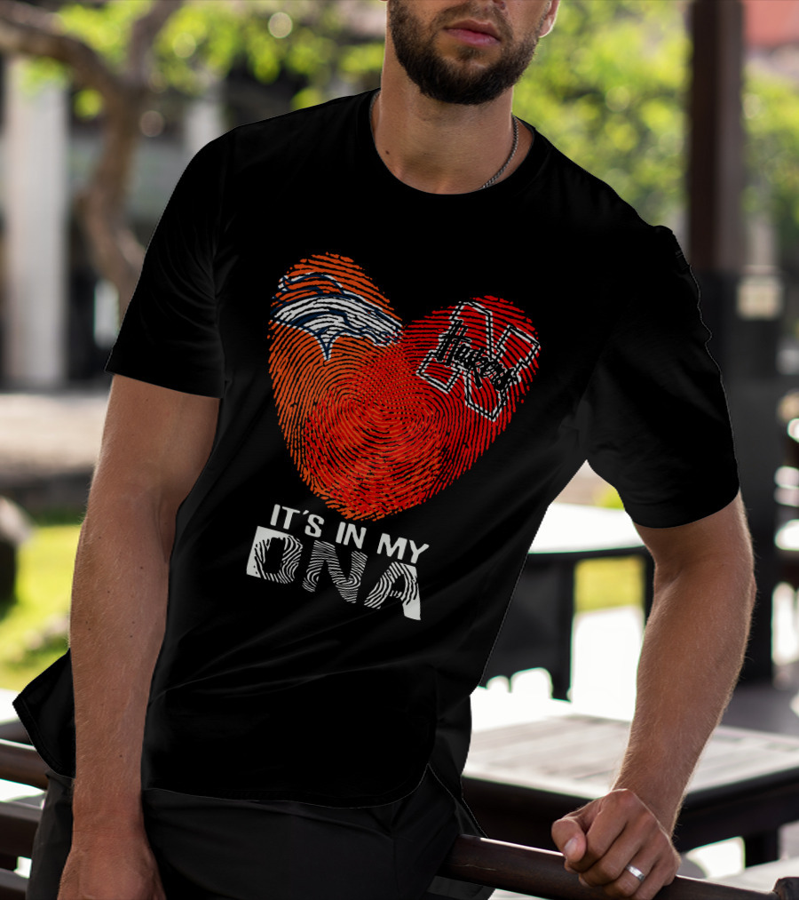 Denver Broncos Nebraska Cornhuskers Heart Thumbprint It's In My DNA T-Shirt
