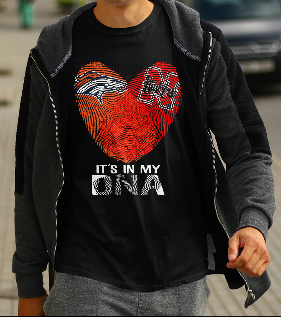 Denver Broncos Nebraska Cornhuskers Heart Thumbprint It's In My DNA T-Shirt