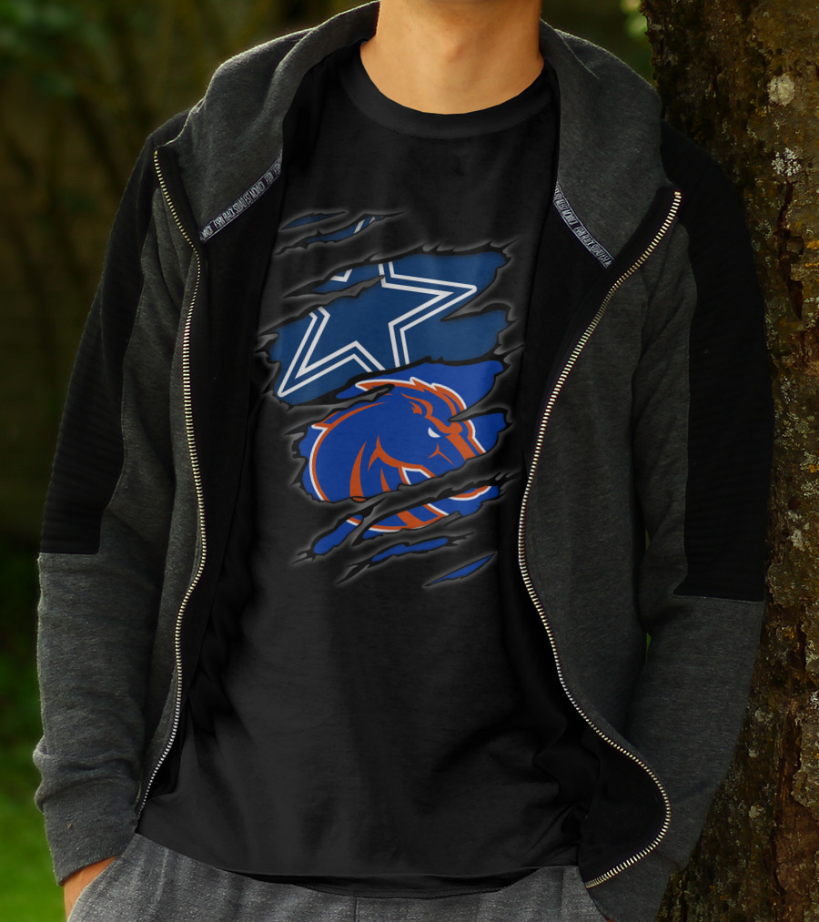 Cowboys Star And Boise State Broncos Logo Claw Marks T-Shirt