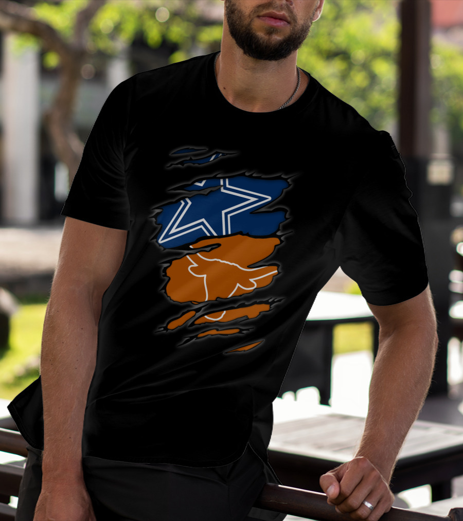 Cowboys Star And Texas Longhorns Logo Peeking Through Ripped T-Shirt