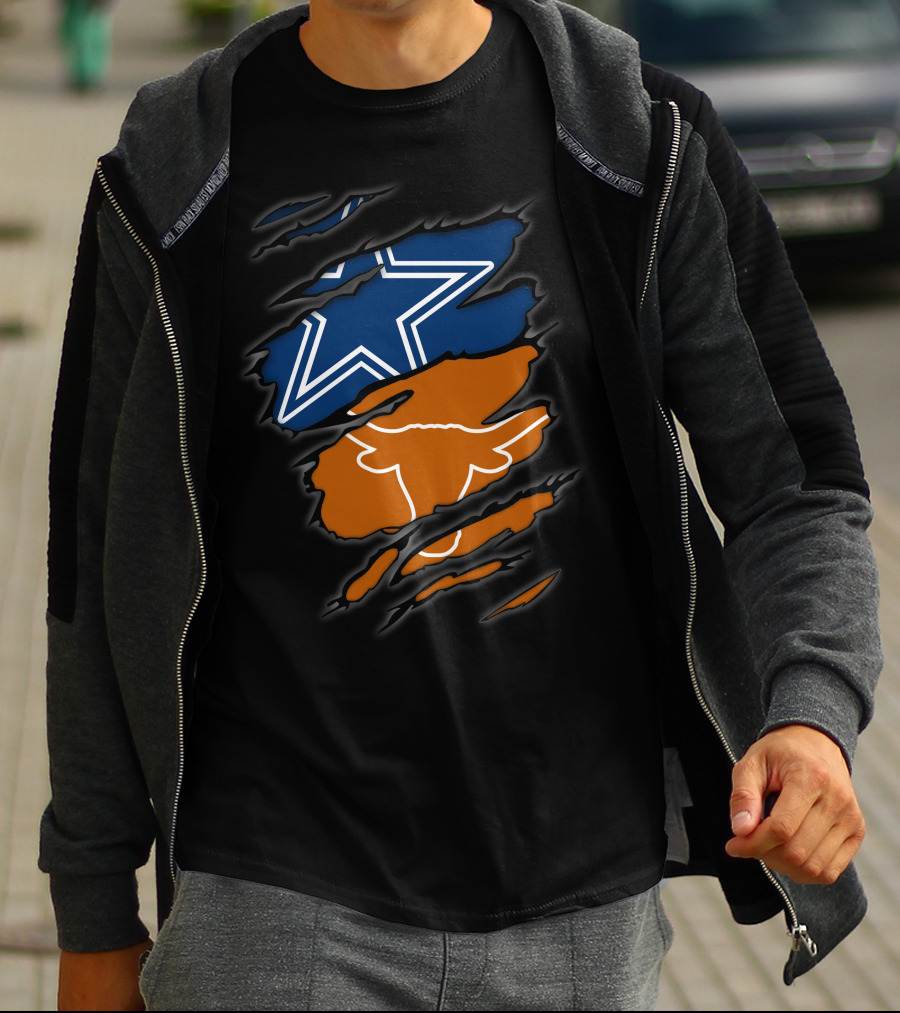Cowboys Star And Texas Longhorns Logo Peeking Through Ripped T-Shirt