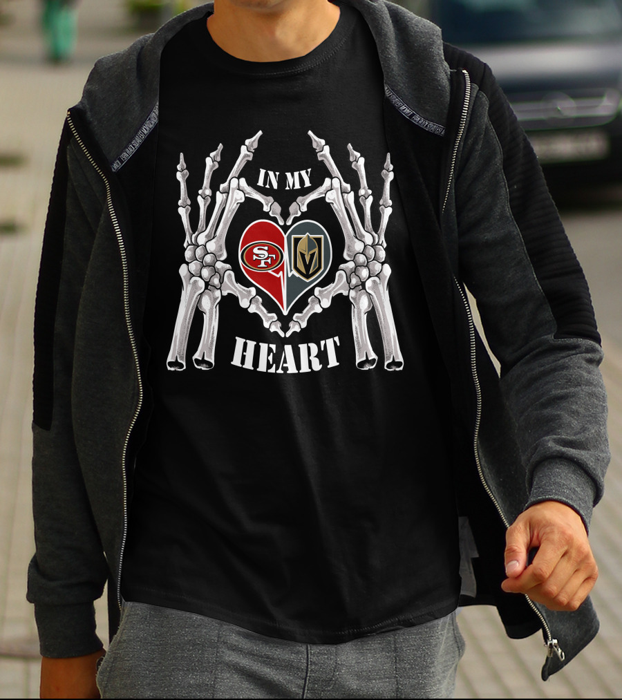 49ers And Knights Logos Framed By Skeleton Hands With In My Heart T-Shirt