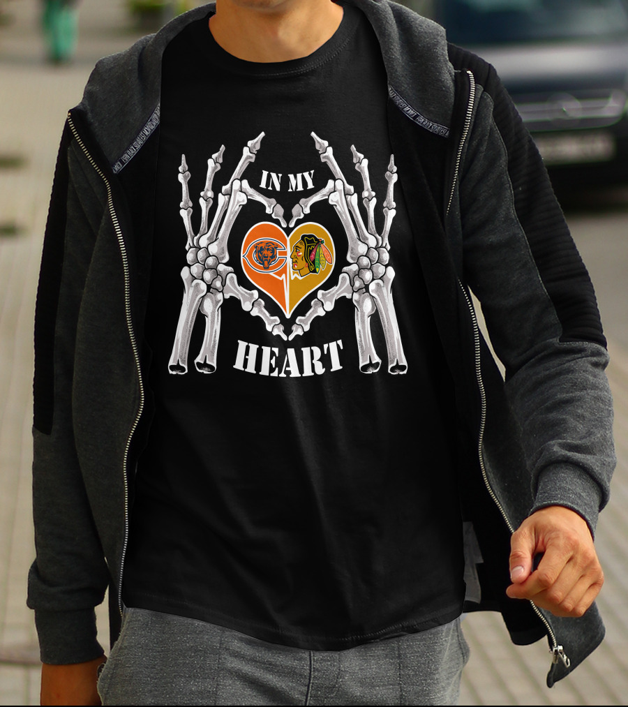 Chicago Bears Blackhawks In My Heart Skeleton Hands T-Shirt