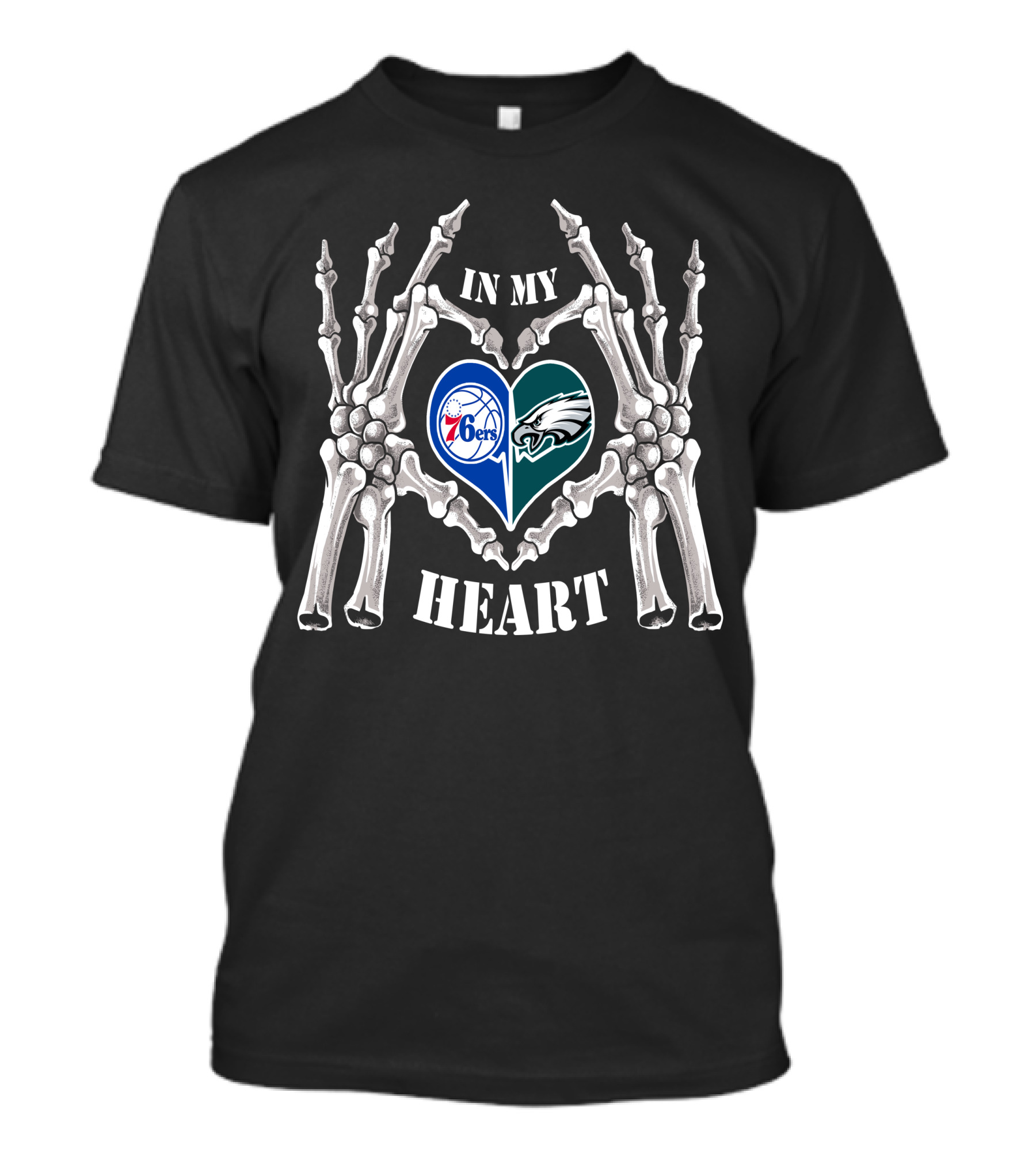 Eagles 76Ers Logos In Skeleton Heart Hands T-Shirt