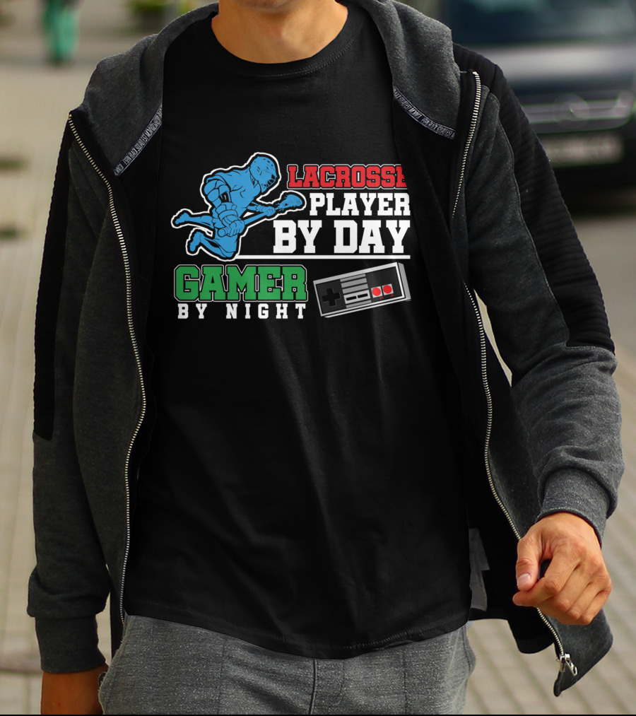Lacrosse Player By Day Gamer By Night Retro Controller T-Shirt