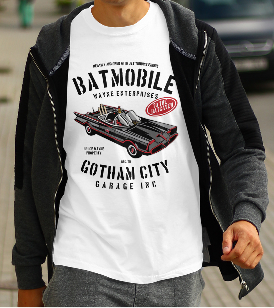 BATMOBILE Heavily Armored Jet Turbine Engine Wayne Enterprises Gotham City Garage Inc Bruce Wayne Property T-Shirt