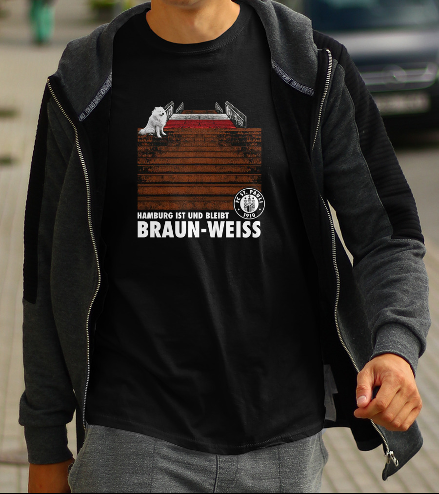 FC St. Pauli Hamburg Ist Und Bleibt Braun-Weiss 1910 Crest Stairs White Dog T-Shirt