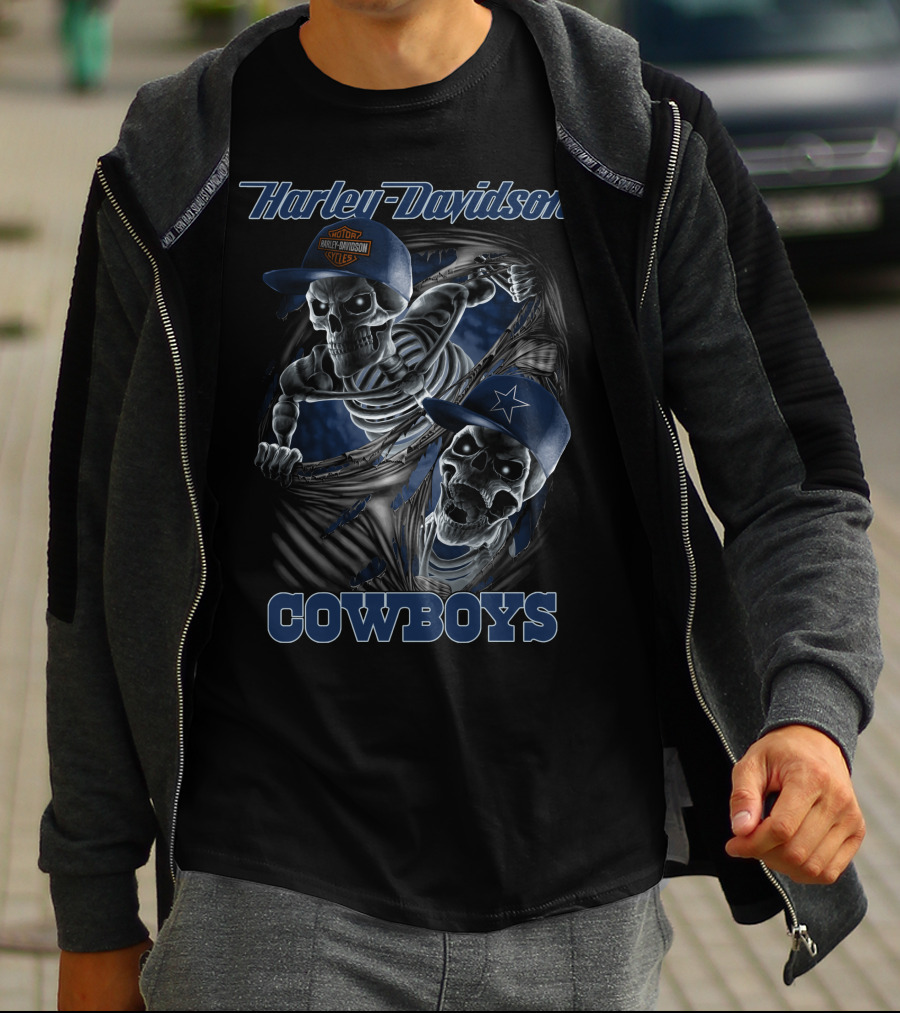 Harley Davidson Cowboys Skeletons In Caps Blue And Silver T-Shirt