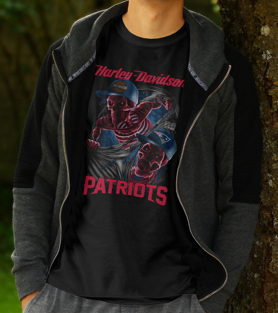 Harley Davidson Patriots Skeletons Breaking Through New England Caps T-Shirt