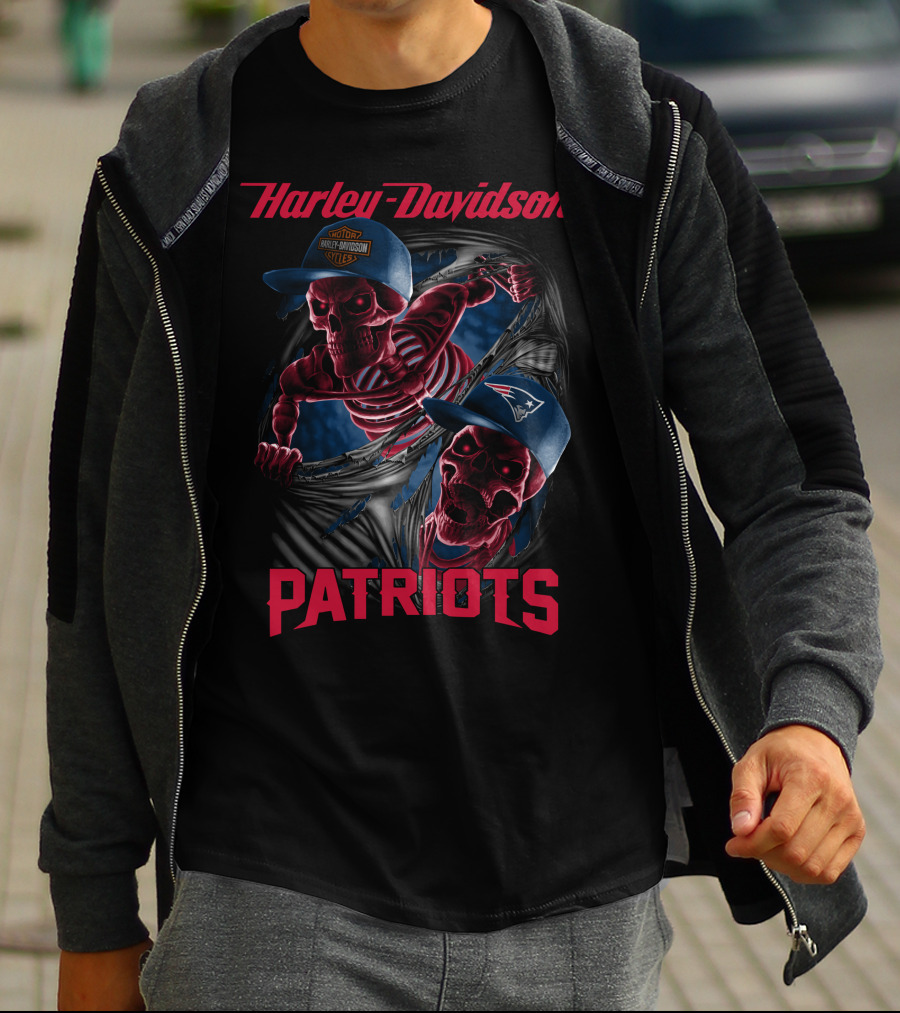 Harley Davidson Patriots Skeletons Breaking Through New England Caps T-Shirt