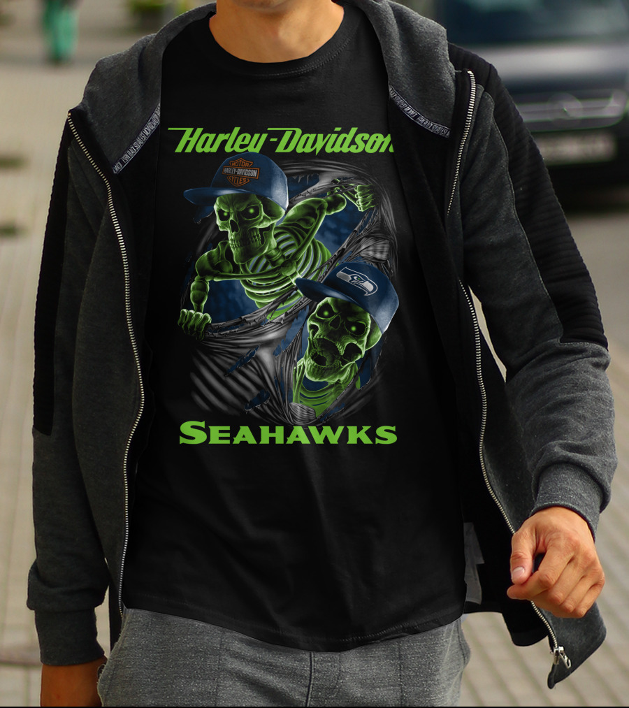 Harley Davidson Seattle Seahawks Skeletons T-Shirt