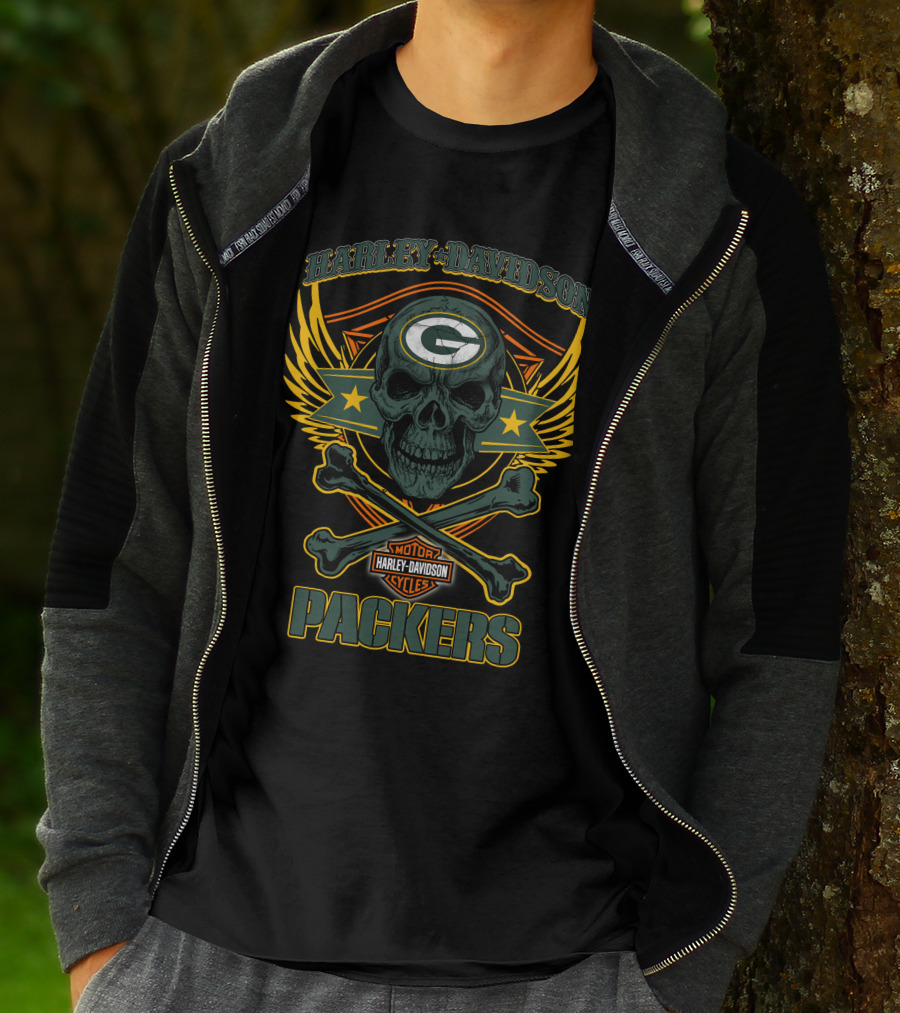 Harley Davidson Green Bay Packers Skull Motor Cycles T-Shirt