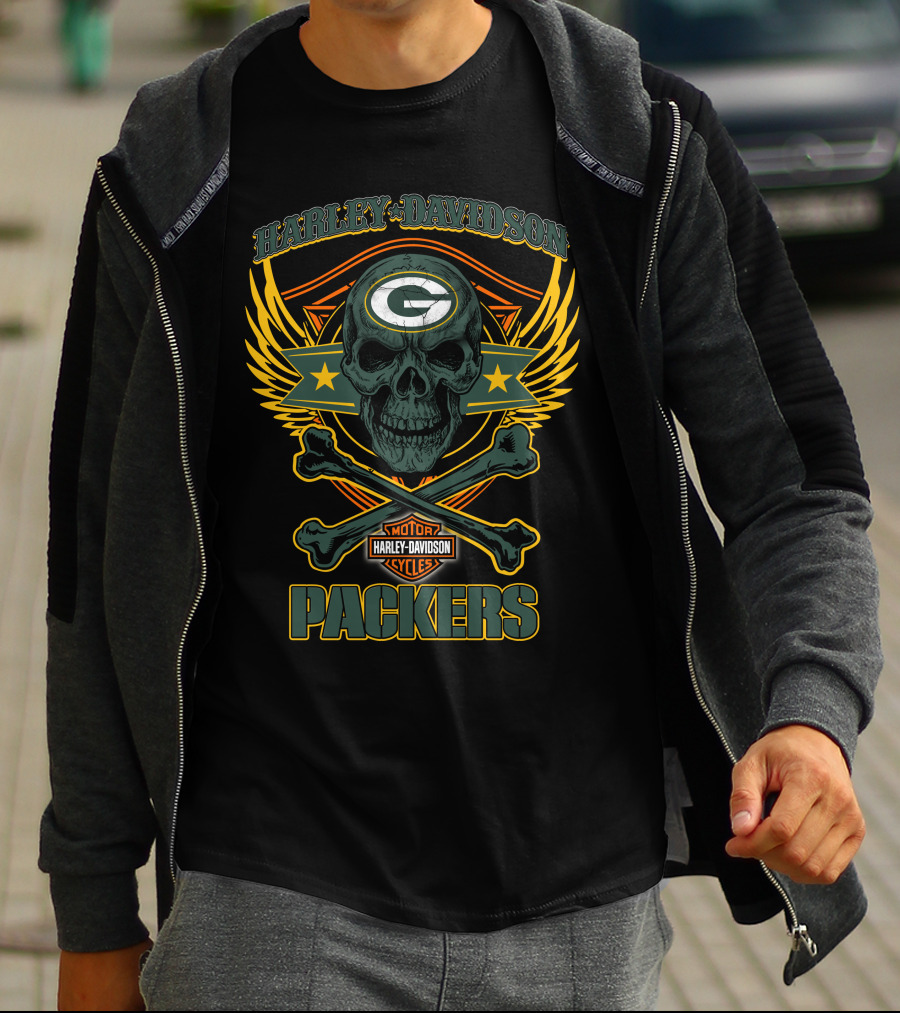 Harley Davidson Green Bay Packers Skull Motor Cycles T-Shirt