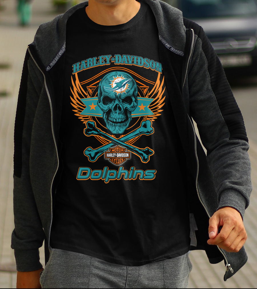 Harley Davidson Motorcycles Miami Dolphins Skull And Crossbones T-Shirt