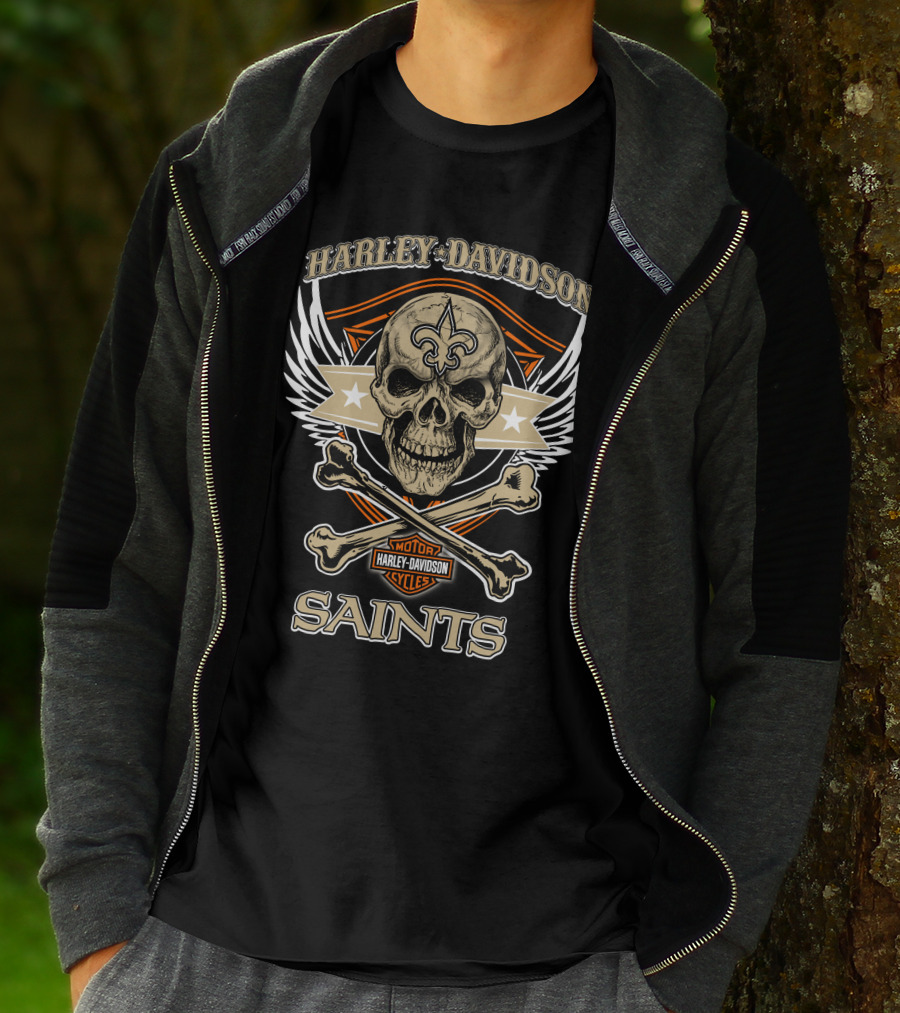 Harley Davidson New Orleans Saints Skull Fleur-De-Lis Wings T-Shirt