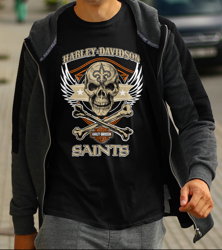 Harley Davidson New Orleans Saints Skull Fleur-De-Lis Wings T-Shirt
