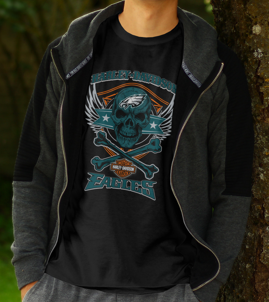 Harley Davidson Philadelphia Eagles Skull Wings T-Shirt