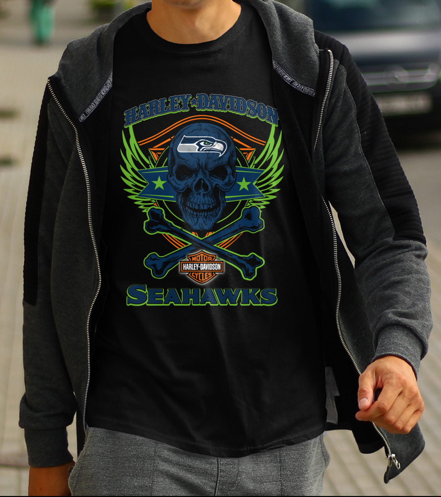 Harley Davidson Seattle Seahawks Skull And Crossbones T-Shirt