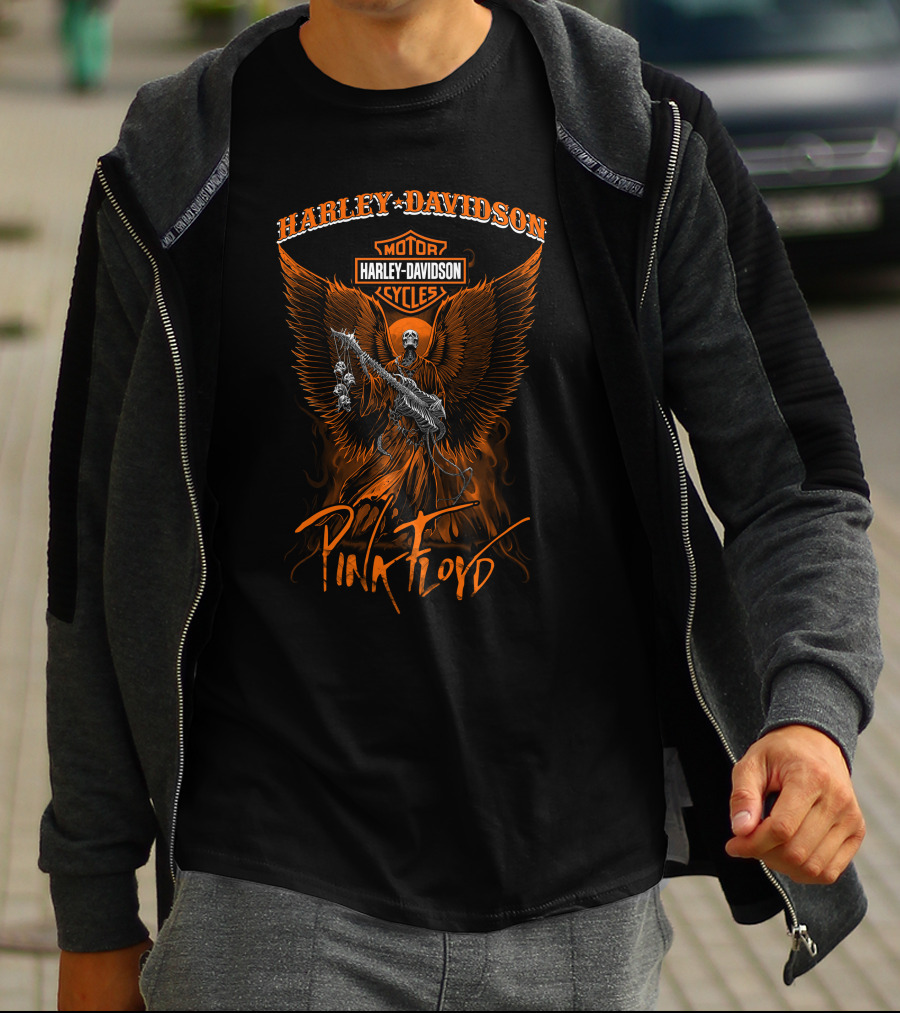 Harley Davidson Motor Cycles Pink Floyd Angel Wings Orange T-Shirt