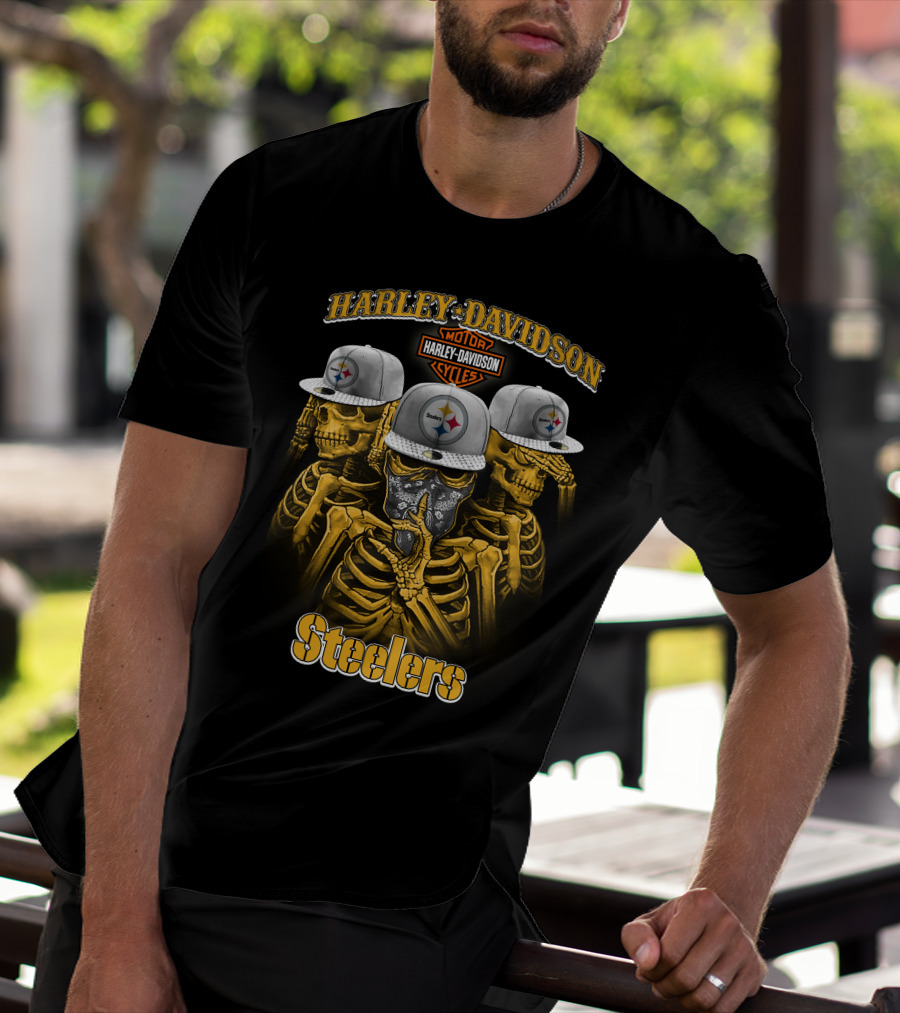 Harley Davidson Motor Cycles Steelers Skull Trio T-Shirt