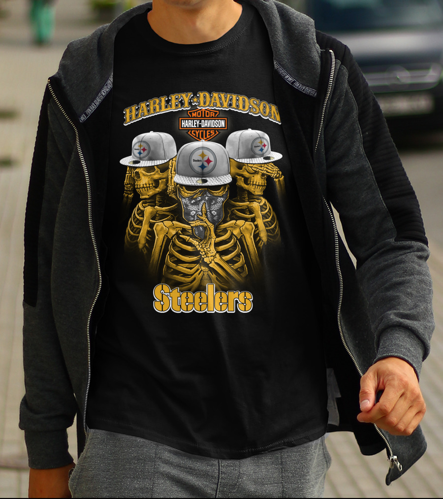 Harley Davidson Motor Cycles Steelers Skull Trio T-Shirt