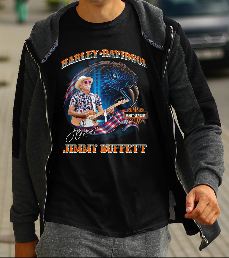 Harley Davidson Jimmy Buffett American Flag Eagle Guitar T-Shirt