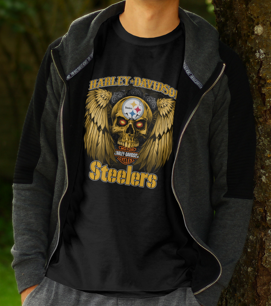 Harley Davidson Steelers Skull With Wings T-Shirt