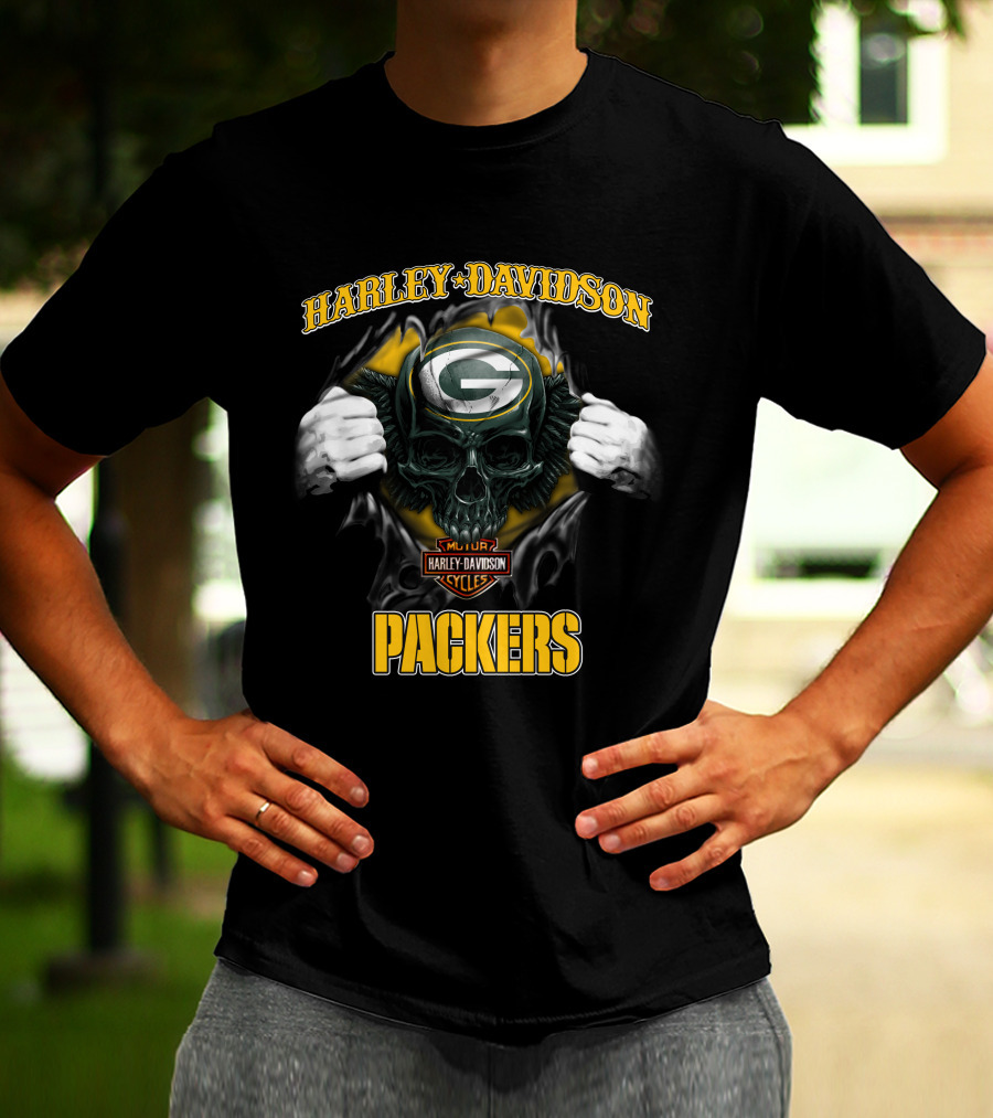 Harley Davidson Green Bay Packers Skull Cycles T-Shirt